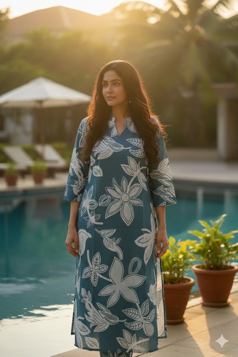 Aqua Green Colour with big Flower Design