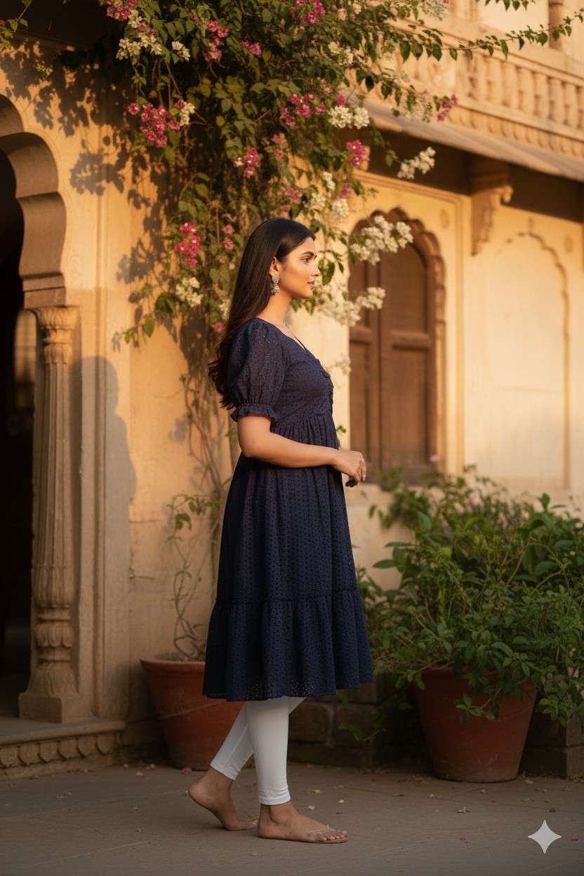 Navy Blue colour with foil prints and Elastic V neck - Image 2