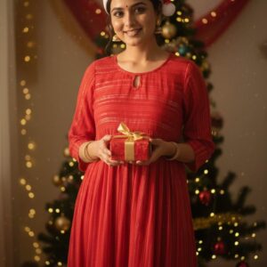 Red colour with thin silver and gold Shimmer Zari Lines