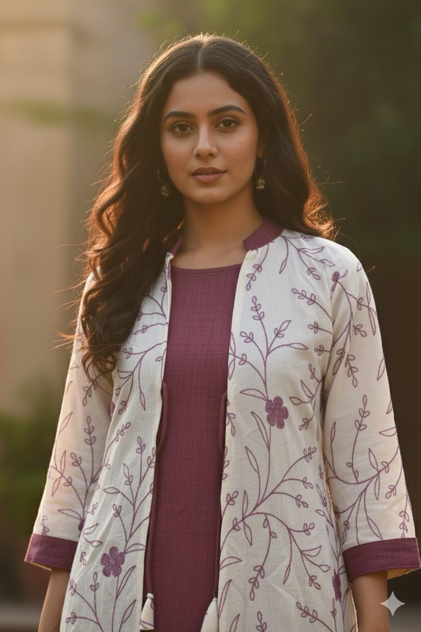 Mauve Shade embroidered pattern Detachable Jacket Kurti with front tie - Image 2
