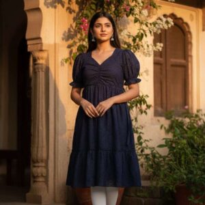 Navy Blue colour with foil prints and Elastic V neck