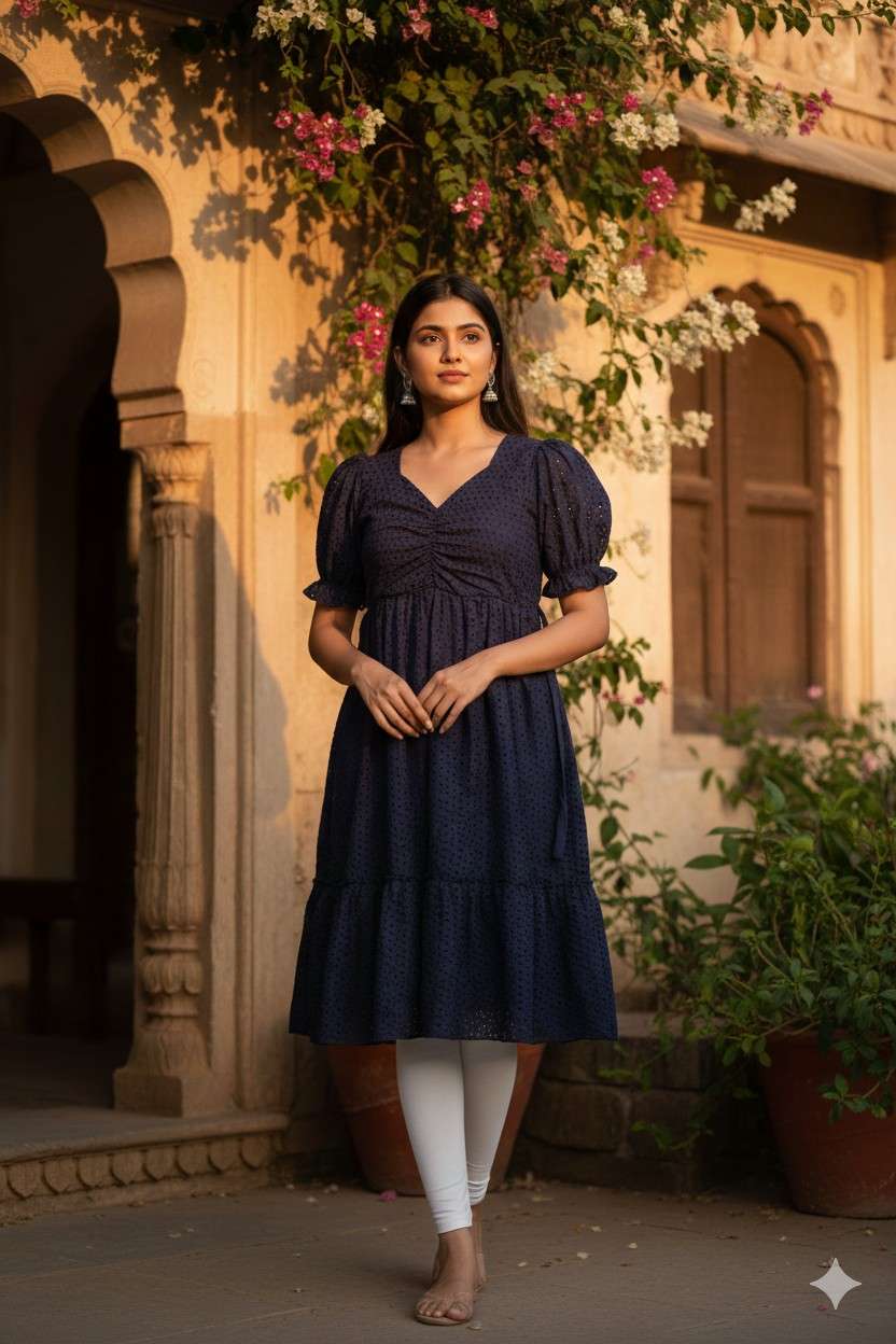 Navy Blue colour with foil prints and Elastic V neck