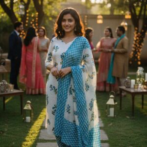 Cream Colour small Floral Print Stitched Cotton 3 pcs Set