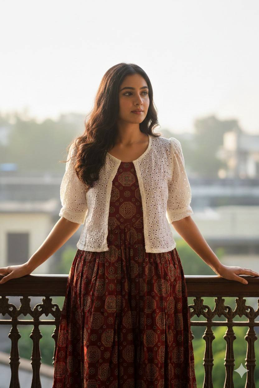 Maroon and Cream colour combinaton with a Detachable Jacket