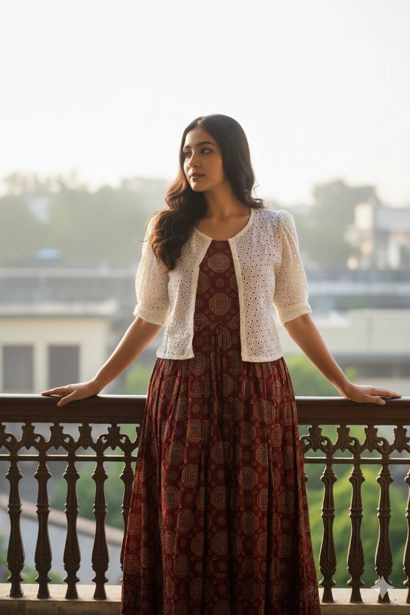 Maroon and Cream colour combinaton with a Detachable Jacket - Image 2