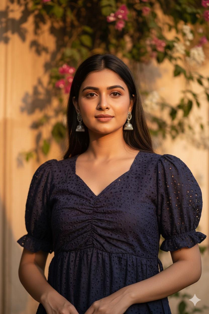 Navy Blue colour with foil prints and Elastic V neck - Image 5