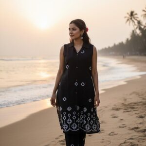 Jet Black Colour Cord Set With Thread Work