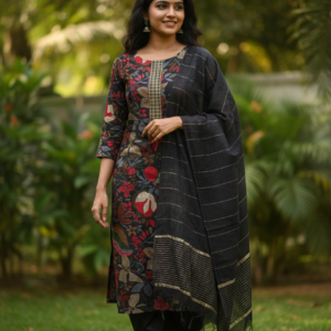 Black Colour Vatican fabric With Floral Print (stitched)