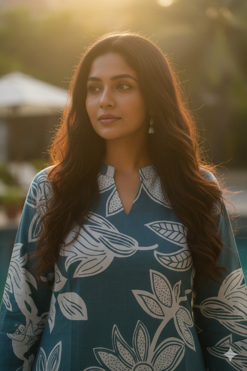 Aqua Green Colour with big Flower Design - Image 2