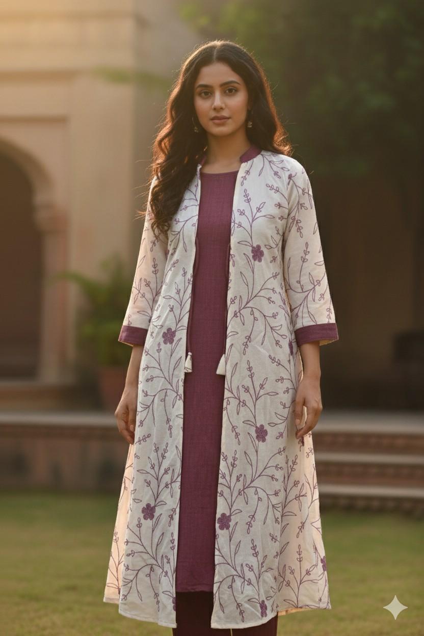 Mauve Shade embroidered pattern Detachable Jacket Kurti with front tie