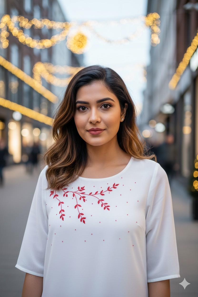 White and Red beeds work with thread Soft Georgette (Top Only) - Image 2