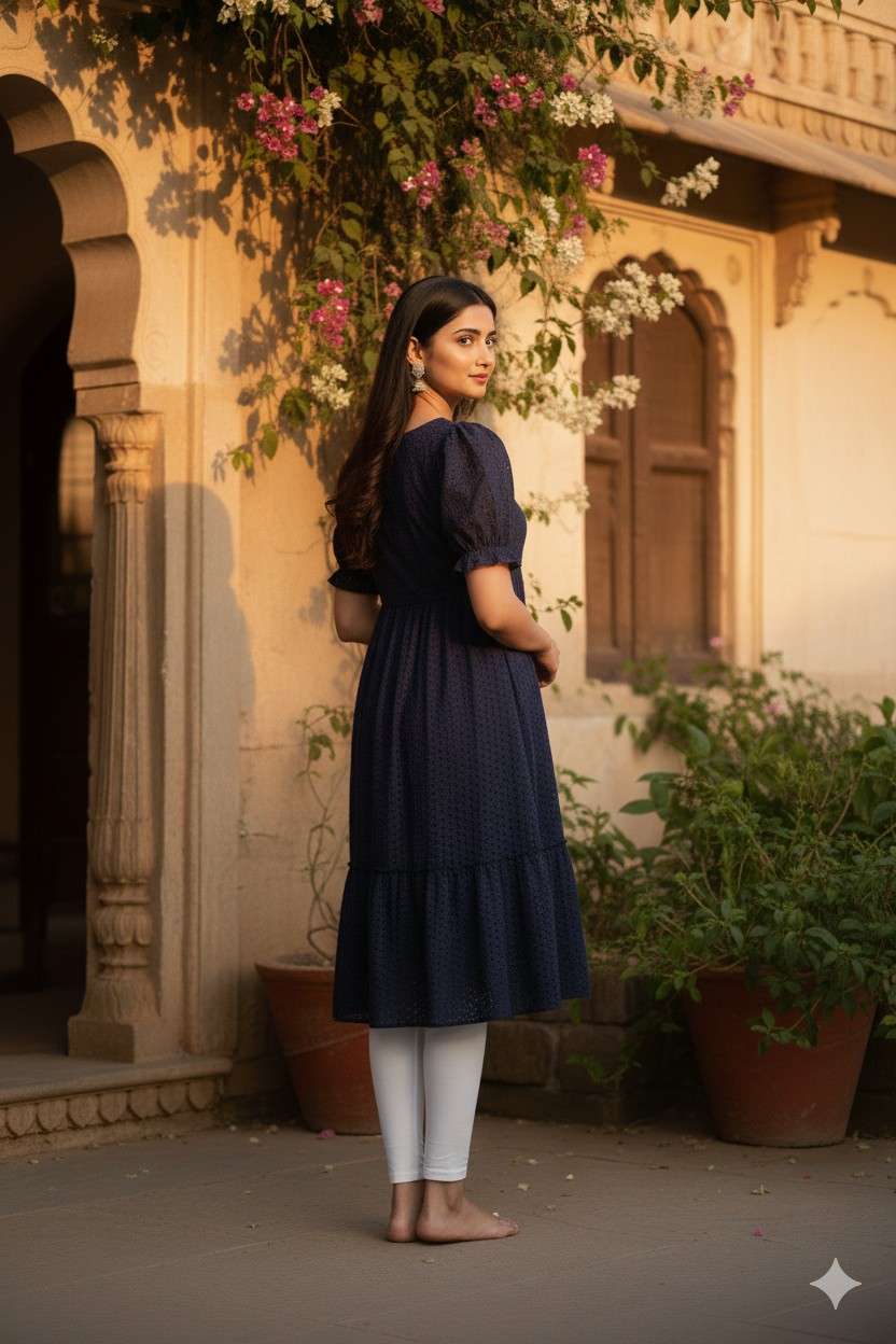 Navy Blue colour with foil prints and Elastic V neck - Image 4