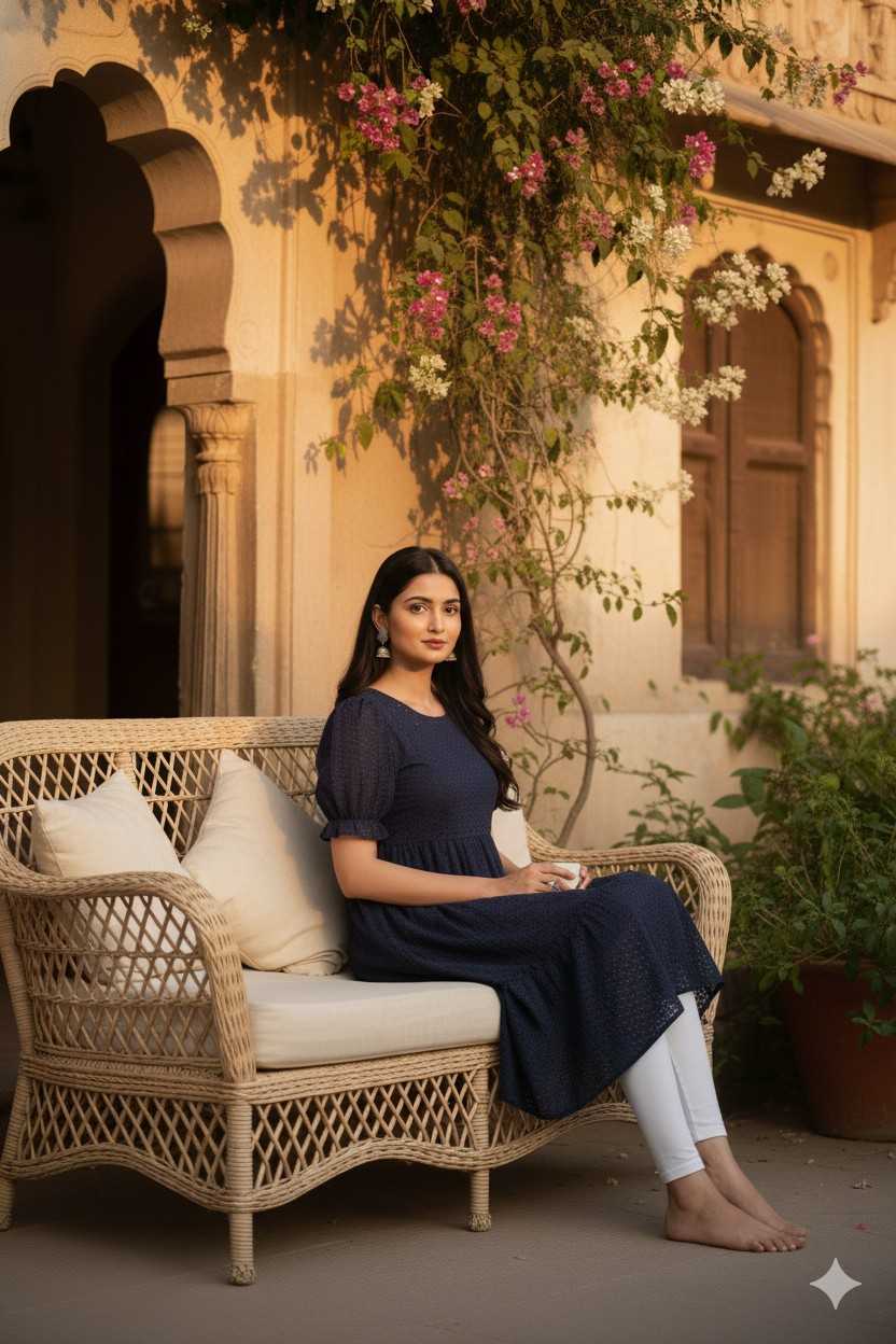 Navy Blue colour with foil prints and Elastic V neck - Image 3