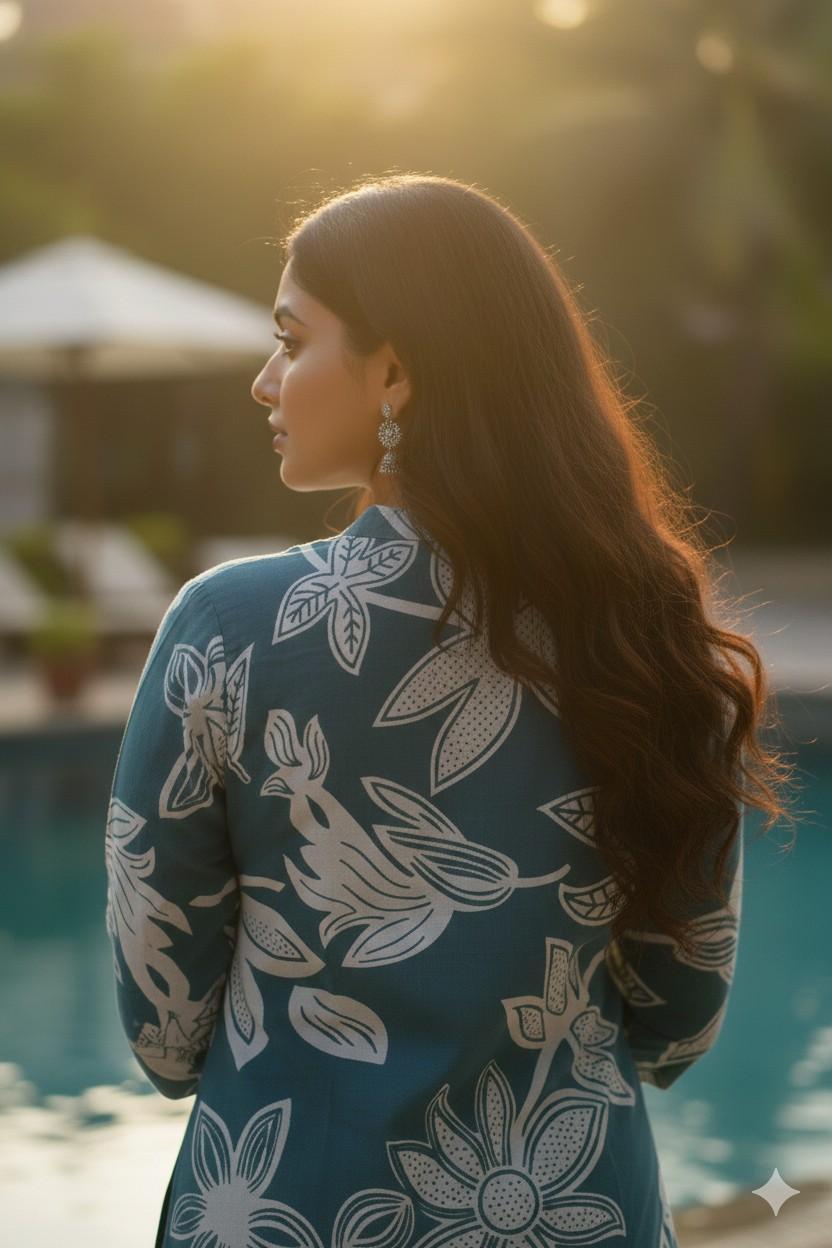 Aqua Green Colour with big Flower Design - Image 3