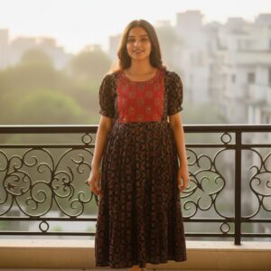 Cotton Ajrak Black and Red Combination With Beads and Mirror Work