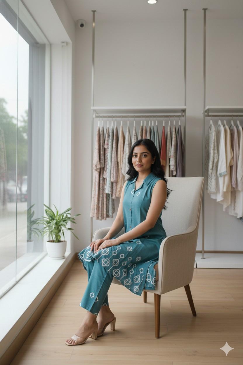 Teal Green Colour Cord Set With Thread Work - Image 3