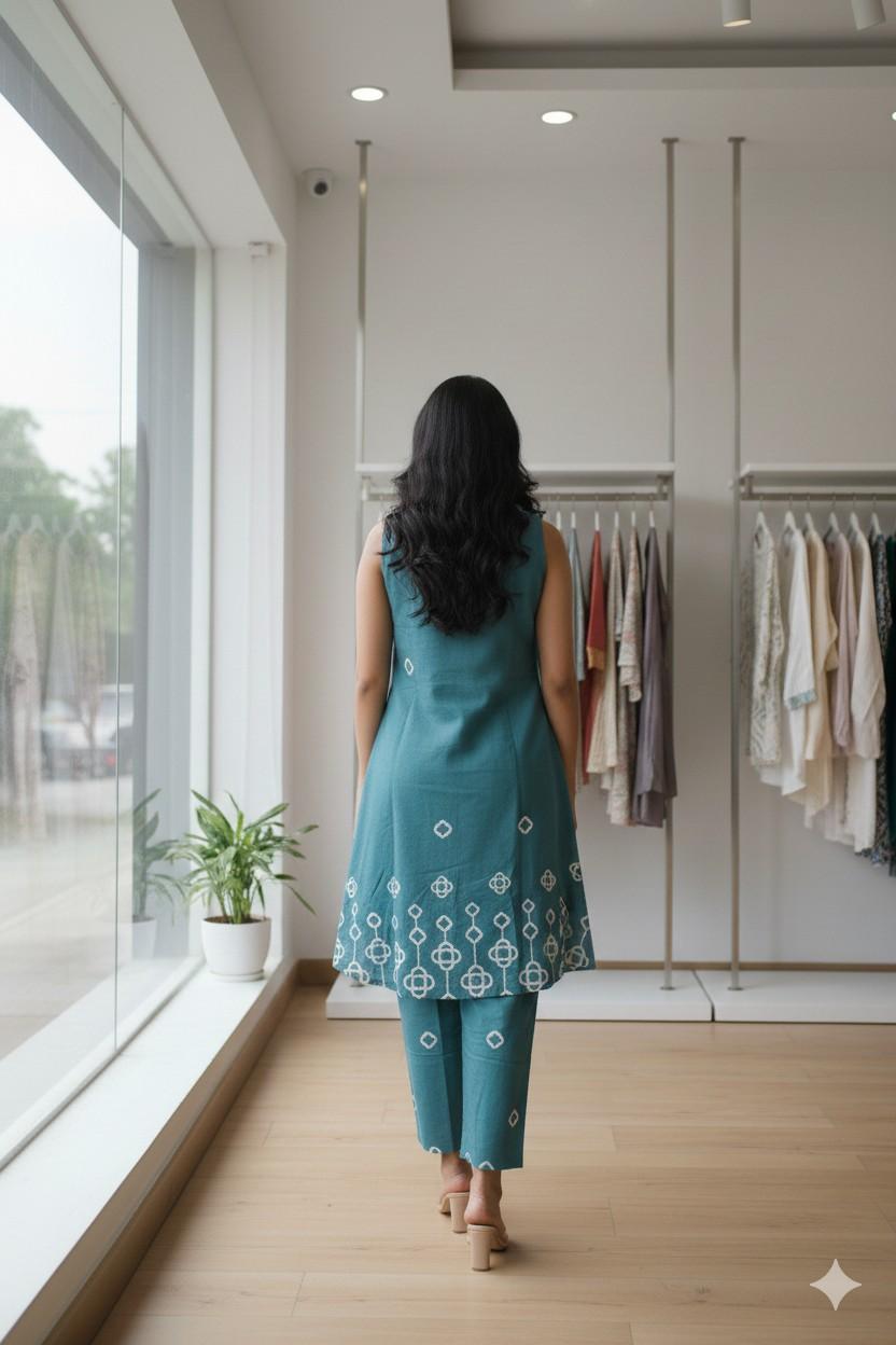 Teal Green Colour Cord Set With Thread Work - Image 4