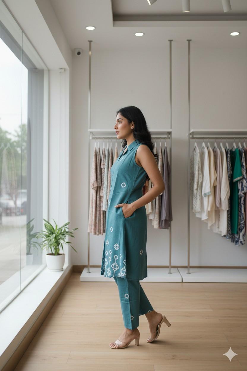 Teal Green Colour Cord Set With Thread Work - Image 2