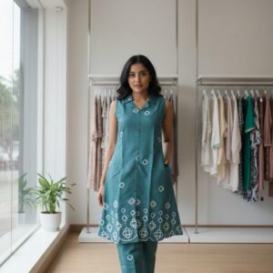 Teal Green Colour Cord Set With Thread Work