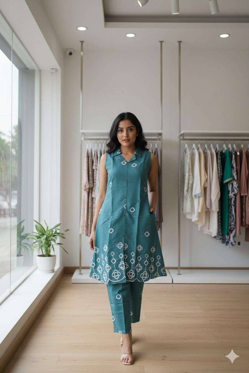 Teal Green Colour Cord Set With Thread Work